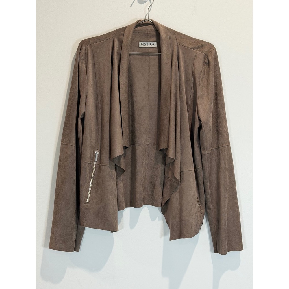 Bagatelle Collection Faux Suede Waterfall Draped Open Front Jacket Taupe Brown L